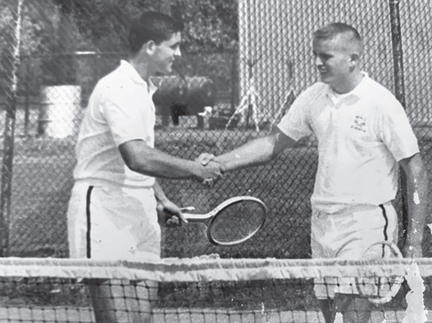 Black and white photo of Doug Dawson playing tennis